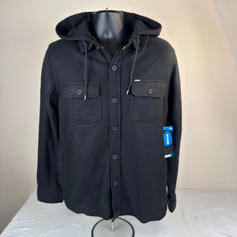 Tony Hawk Mens Polar Fleece Hooded Shacket Black Button Front Jacket Medium NEW